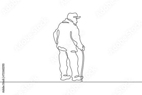 Old man with a stick. An elderly man walks with a cane. Pensioner.One continuous line . Line art. Minimal single line.White background. One line drawing.