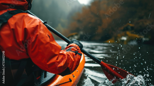 A man rows an oar while sitting in a kayak, floating along a stormy river against the backdrop of mountains. Close-up. © Evgeniia