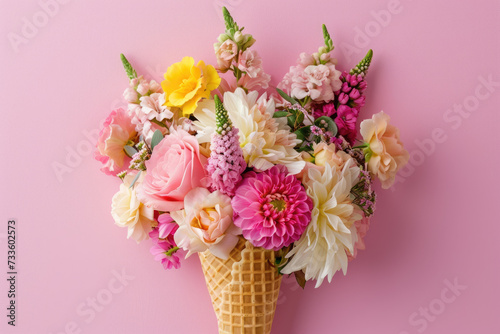 Waffle cone with flower arrangement on a pink background. Top view.
