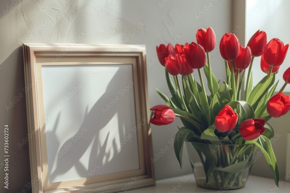 moment of stillness is captured, where red tulips bask in sunlight, their shadows artistically imprinted beside an unadorned frame moment of stillness is captured, where red tulips bask in sunlight, their shadows artistically imprinted beside an unadorned frame