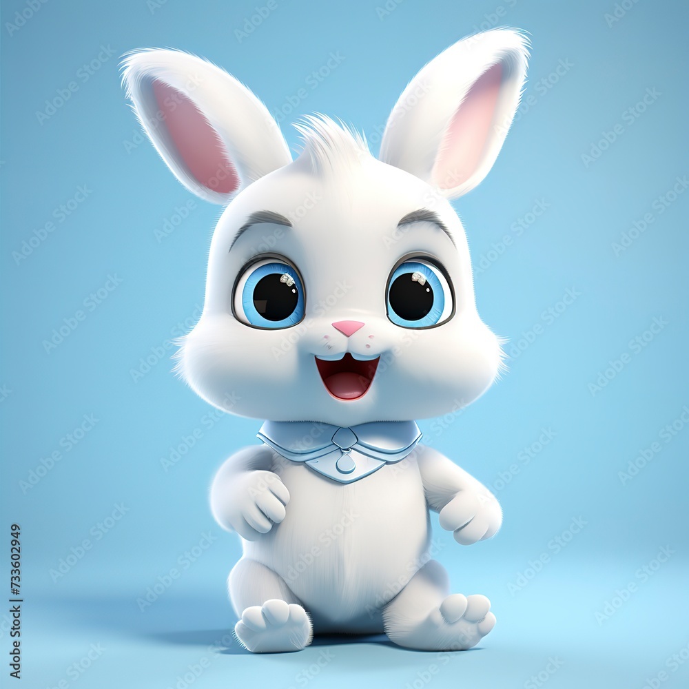 Fototapeta premium flat logo of Cute baby rabbit with big eyes lovely little animal 3d rendering cartoon character 