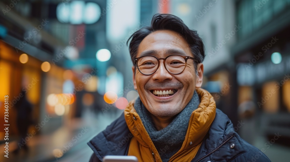 Asian man is smiling and expressing his happy feeling on the cellphone screen. He got good news and show his cheerful face. Asian man is smiling and expressing his happy feeling on the cellphone screen. He got good news and show his cheerful face.