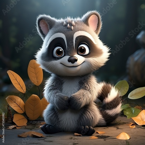 flat logo of Cute baby raccoon with big eyes lovely little animal 3d rendering cartoon character 