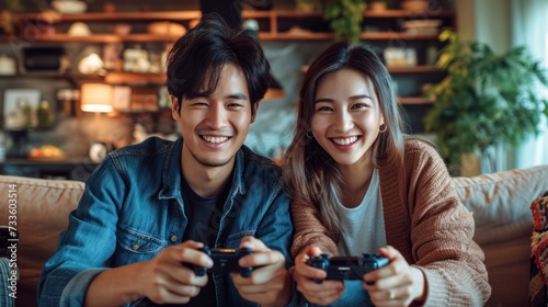 Asian young couple sitting on couch in living room enjoy playing video games together. Happy couple play video games at home both are smiling, laughing and enjoying moment on weekend. photo