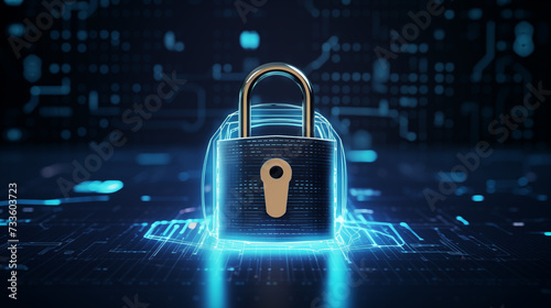 紺色背景のコンピューティング・システム用デジタル南京錠、詐欺防止とプライバシー・データ・ネットワーク保護のためのサイバー・セキュリティ技術コンセプト photo
