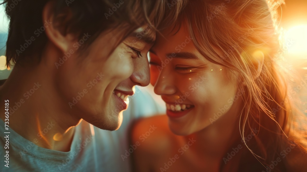 Asian young couple smile and laughing with positive emotion and loving together at warmth place. Asian young couple smile and laughing with positive emotion and loving together at warmth place.