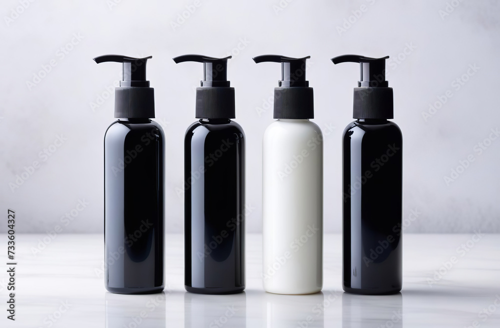 Black and white bottles for cosmetics and personal skin care products are arranged in a row. Empty label template mock up. Blank packaging on a marble white background. Front view. Containers set Black and white bottles for cosmetics and personal skin care products are arranged in a row. Empty label template mock up. Blank packaging on a marble white background. Front view. Containers set