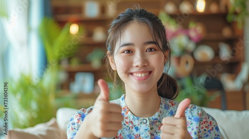 Beautiful young Asian woman showing thumbs up OK gesture smile with positive emotional at home. Attractive female making okay hand sign or say yes happiness and cheerful. © sirisakboakaew