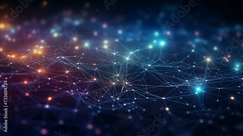ライトアップされた光ファイバー接続、量子コンピューティング・ネットワーク・システム、電子的グローバル・インテリジェンスを背景にした抽象的な技術背景 © Junsei