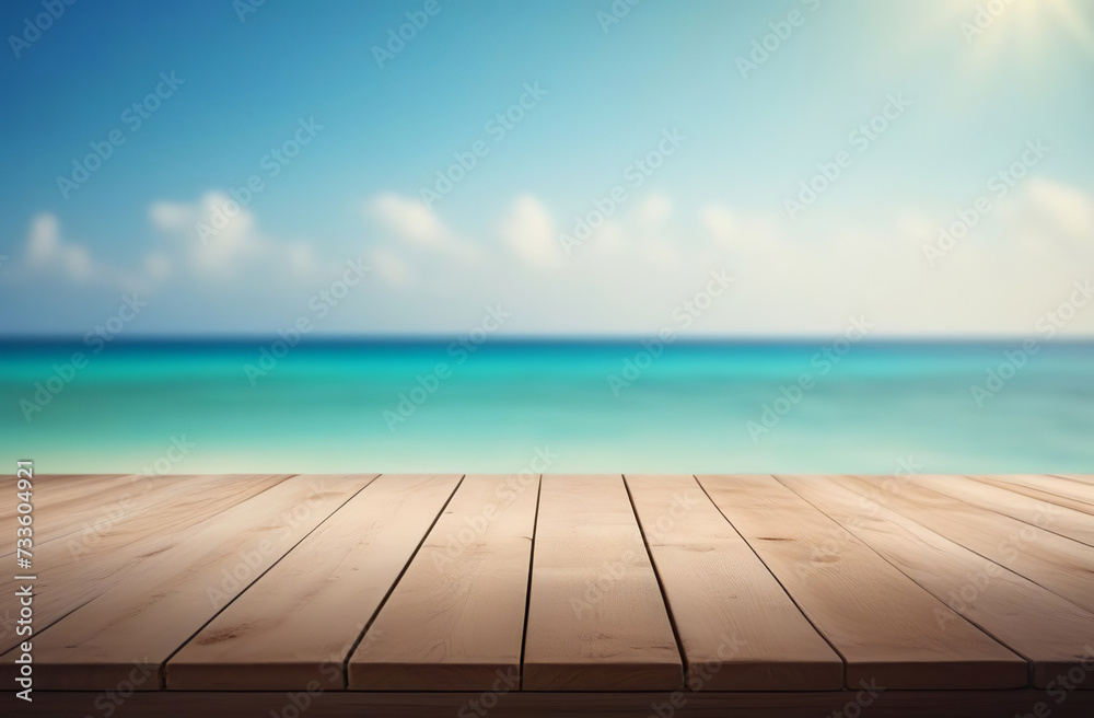 Empty wooden table, bar pier with tropical sunny beach background. Copy space for your promo, text or logo brand. Wood desk board on nature blue sky sea view. Blank tabletop on blur summer ocean scene Empty wooden table, bar pier with tropical sunny beach background. Copy space for your promo, text or logo brand. Wood desk board on nature blue sky sea view. Blank tabletop on blur summer ocean scene