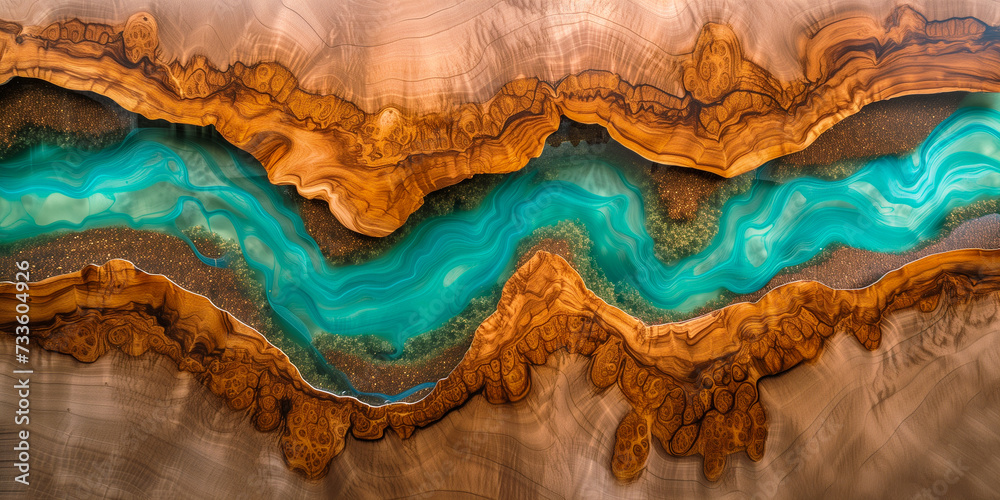 Old cracked wood with turquoise dark epoxy river. Aerial view river sandy beach drone landscape. Water, nature wilderness in abstract wood texture. Top down river scenery