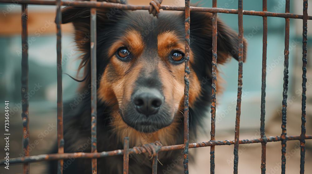 Stray homeless dog in animal shelter cage. Sad abandoned hungry dog