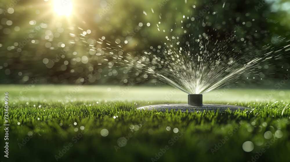 sprinkler spraying water on grass - obrazy, fototapety, plakaty 