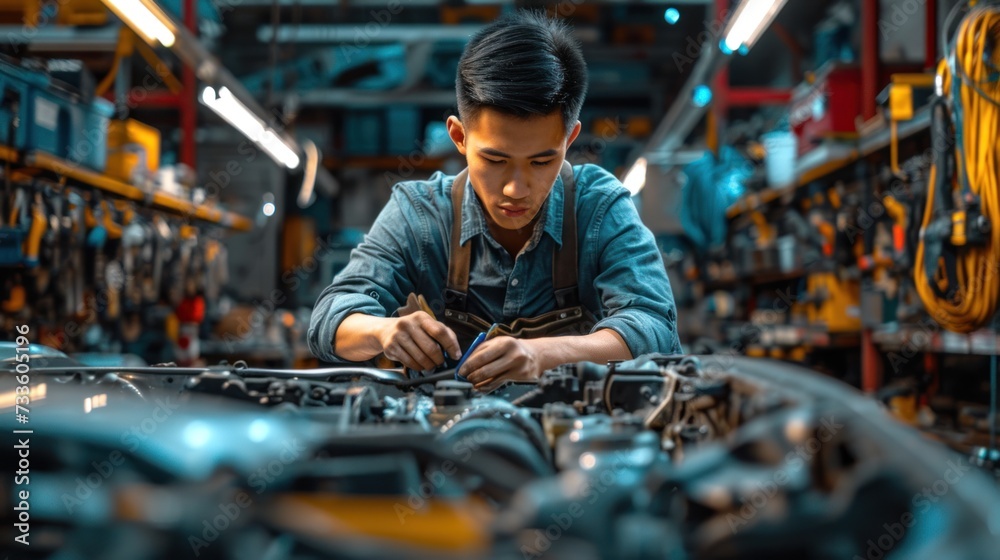 Man repairing a car in auto repair shop. Young Asian man in his workshop. Man repairing a car in auto repair shop. Young Asian man in his workshop.