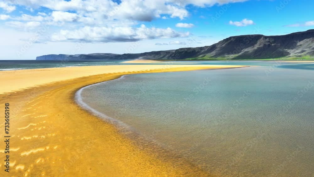 Sandy beach on the ocean, Paradise on the planet, Deserted fabulous landscape, Beautiful yellow sand in Iceland, Travel and summer holiday concept Sandy beach on the ocean, Paradise on the planet, Deserted fabulous landscape, Beautiful yellow sand in Iceland, Travel and summer holiday concept