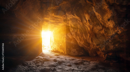 A beautiful depiction of the empty tomb on Easter morning, with the stone rolled away and the first light of dawn illuminating the entrance