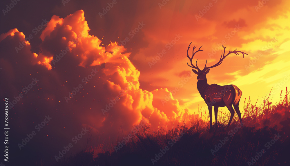 Fototapeta premium A majestic deer stands in silhouette against a fiery orange sunset, with dramatic sunbeams cutting through the vibrant clouds