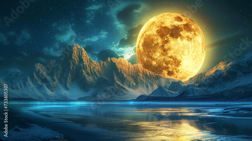 Giant Moon over Snowy Mountains  A surreal landscape featuring a giant moon hovering over snow-covered mountains.