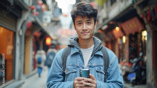 Portrait of a handsome Chinese young man in jeans holding his mobile phone to take pictures for himself, young people like selfie.