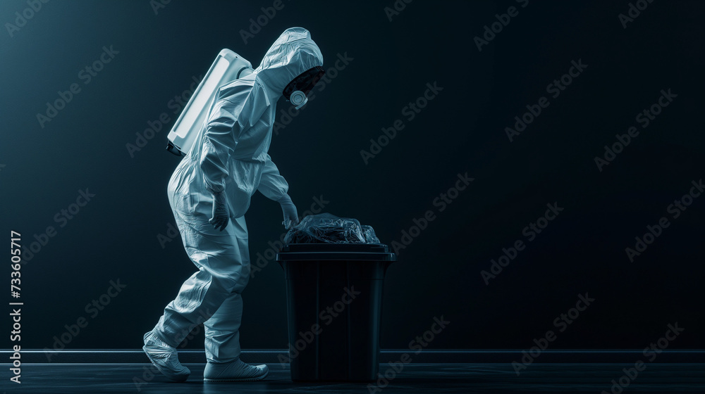 man in protective suit and disposal container for infectious waste