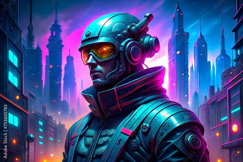 Cyberpunk character in neon lights illuminate futuristic cityscapes, blending high-tech advancements with gritty urban landscapes, Generative AI