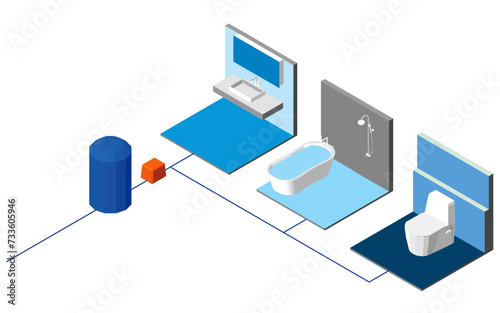 Workings of a home water supply systemWater delivery by systemic water pumping  ,3d rendering