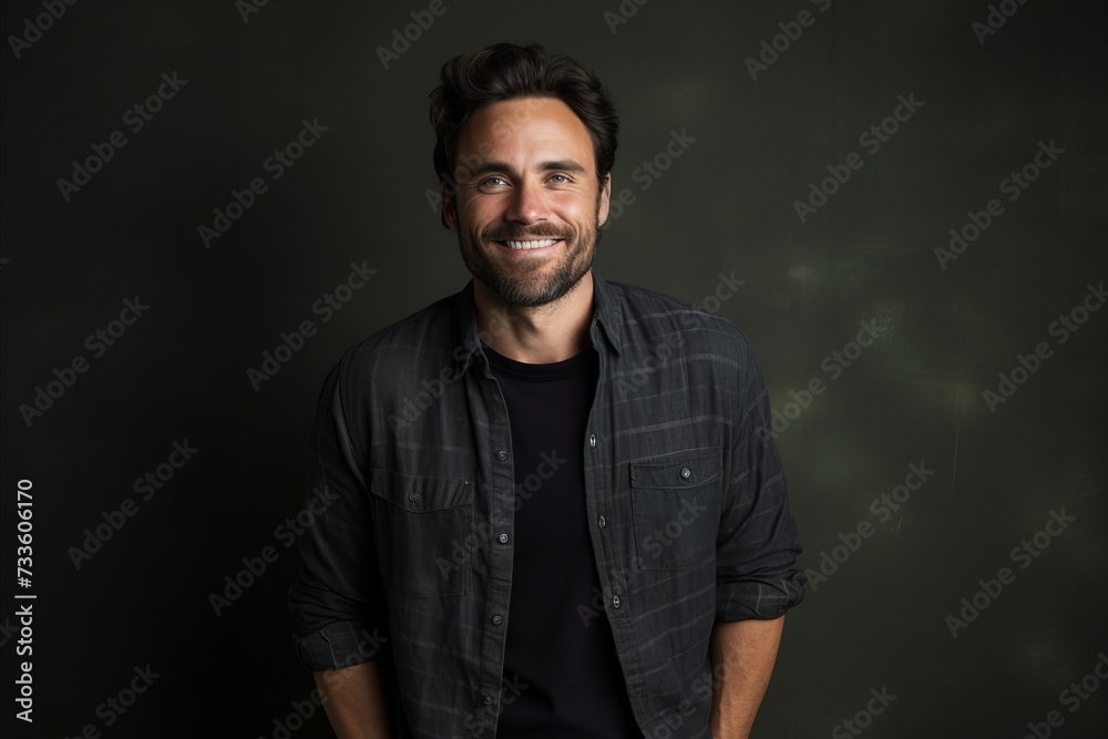 Portrait of a handsome man smiling at the camera against a dark background