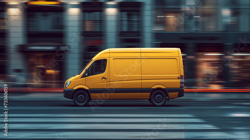 yellow commercial delivery van on the street with motion