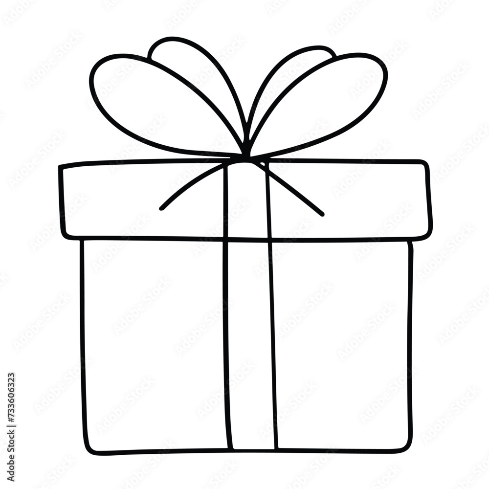 Outline Gift box in doodle style isolated on white background. Hand drawn vector art