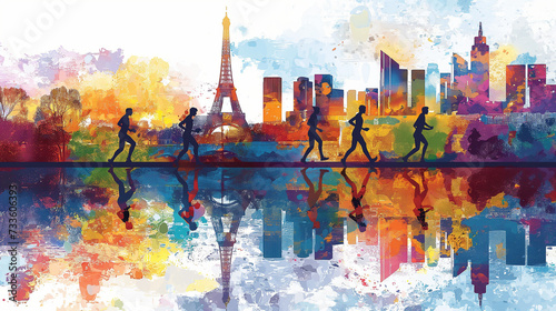 A group of athletes run through the streets of Paris, accompanied by cheering crowds.