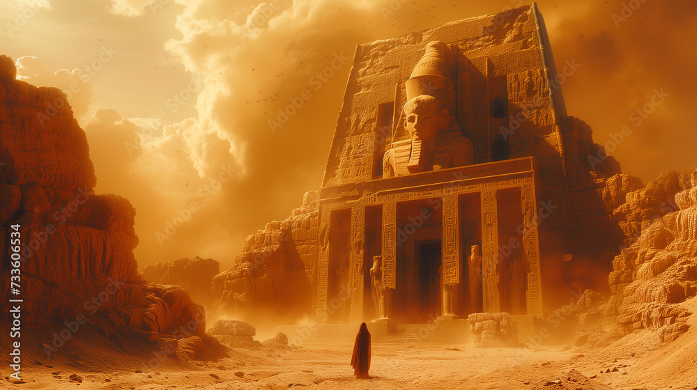 Majestic Sunset Over the Temple of Ramses II - A Journey through Time in the Sands of the Egyptian Desert - obrazy, fototapety, plakaty 