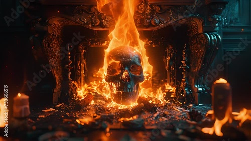 Skull in the fireplace. Halloween concept. photo
