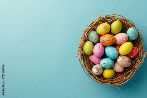 Easter decorated eggs on a blue background