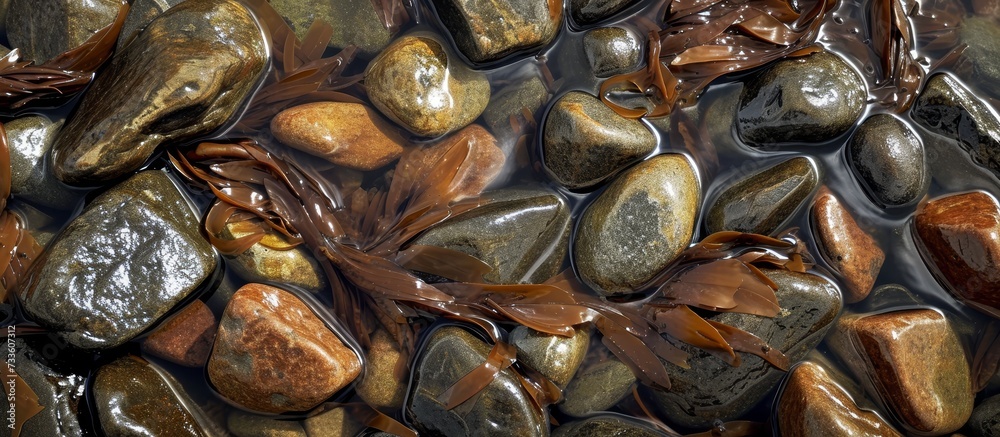 A close up of a pile of rocks in the water, a natural setting showcasing the beauty of the environment. A close up of a pile of rocks in the water, a natural setting showcasing the beauty of the environment.