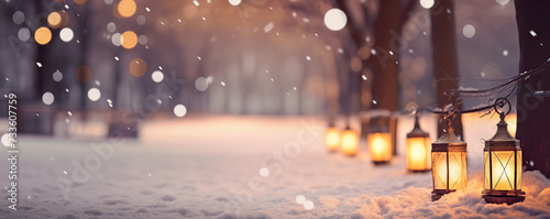 lanterns in the middle of a snowy night