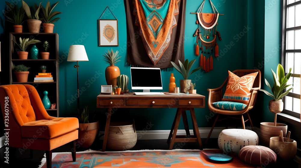 custom made wallpaper toronto digitalBohemia Bliss: Eclectic Workspace with Earthy Browns, Vibrant Turquoise, and Bohemian Orange Accents