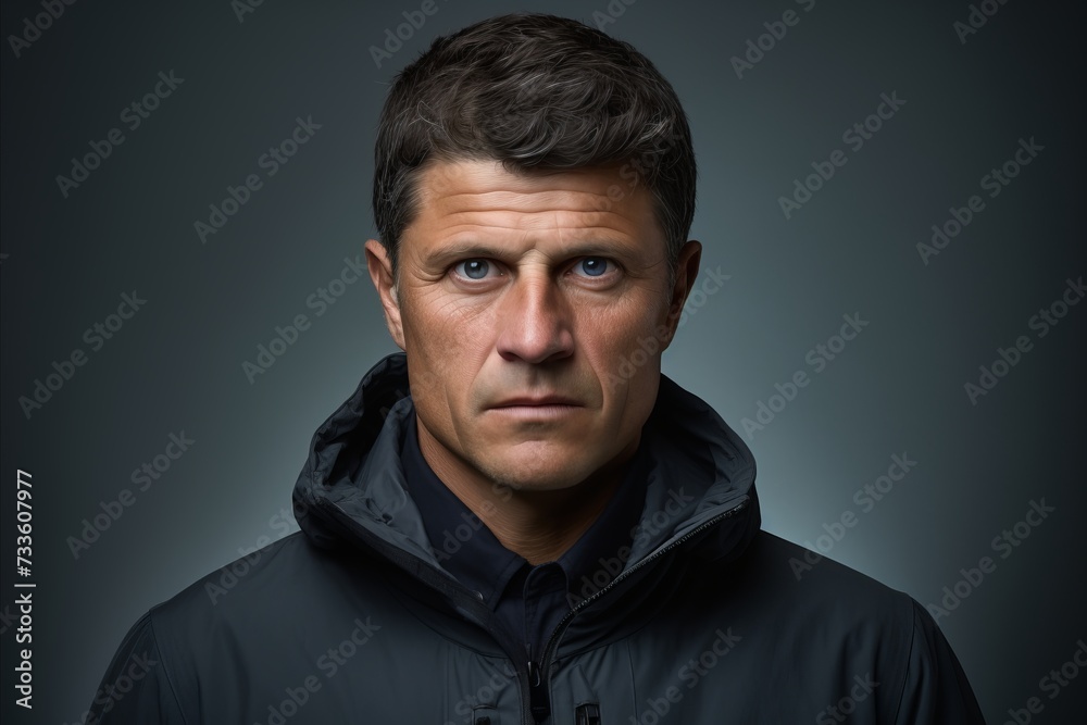 Portrait of a man in a jacket looking at the camera on a dark background