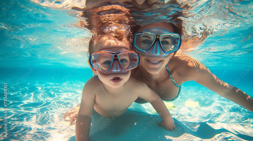 A happy, active family with a mother and her baby diving and snorkeling together in a saltwater pool. Healthy lifestyle