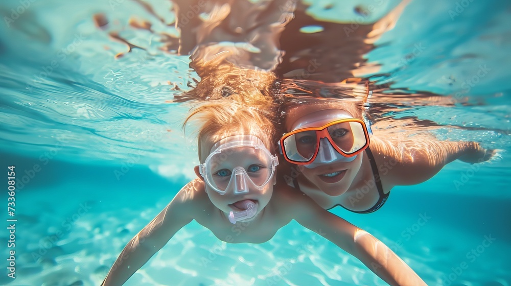 Naklejka premium A happy, active family with a mother and her baby diving and snorkeling together in a saltwater pool. Healthy lifestyle