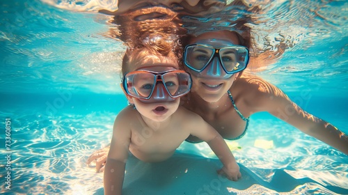 A happy, active family with a mother and her baby diving and snorkeling together in a saltwater pool. Healthy lifestyle