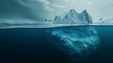 A hidden danger and the concept of global warming are depicted in this image of an iceberg in the ocean with an underwater view.