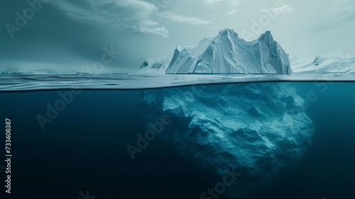 A hidden danger and the concept of global warming are depicted in this image of an iceberg in the ocean with an underwater view. © Suleyman