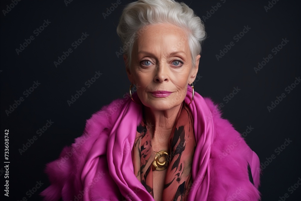 Portrait of a beautiful senior woman in pink fur coat over dark background