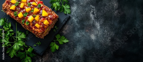 A dish made with a plant-based meatloaf recipe, loaded with vegetables, placed on a sleek black table. A blend of natural produce and cuisine on display.