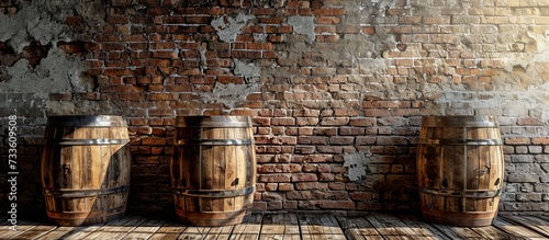Historical copy space with old gunpowder barrels placed on a brick wall. photo