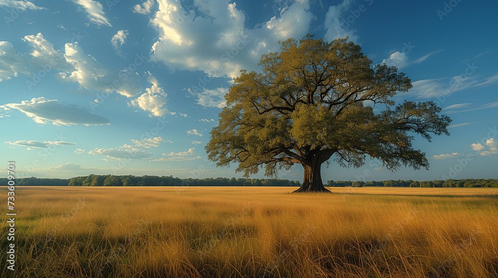A solitary majestic oak tree stands tall in the midst of a vibrant meadow blanketed with orange wildflowers under a serene sky. A solitary majestic oak tree stands tall in the midst of a vibrant meadow blanketed with orange wildflowers under a serene sky.