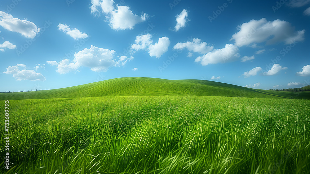 Vibrant green grass covering a gentle hill with a bright blue sky and fluffy white clouds overhead, conveying a sense of freshness and tranquility.
