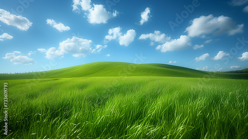 Vibrant green grass covering a gentle hill with a bright blue sky and fluffy white clouds overhead  conveying a sense of freshness and tranquility.