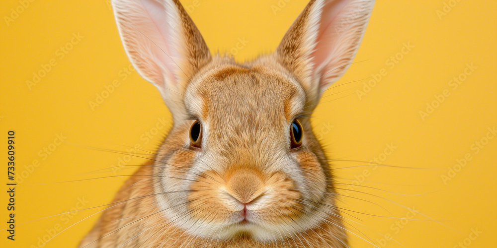 Fototapeta premium Close up portrait of rabbit on yellow background