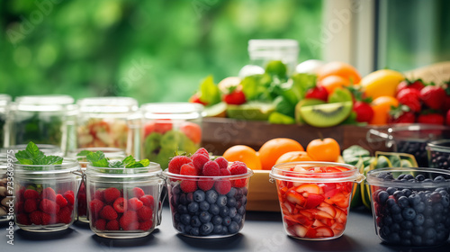 Healthy food at home, Various dishes, meat cuts, vegetable, fruit berries in containers box, kitchen background, bright tone